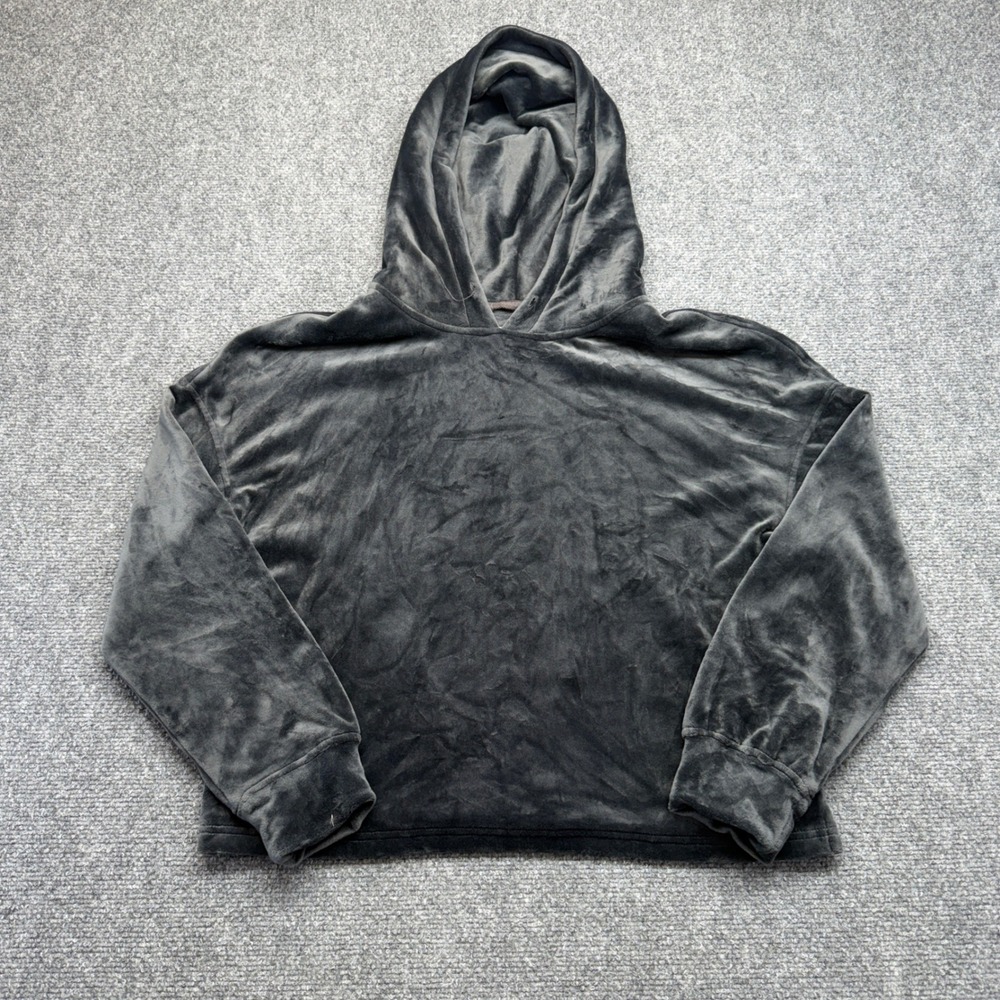 UGG Womens Charcoal Gray Velour Pullover Hoodie Relaxed Fit Cropped Sweatshirt M